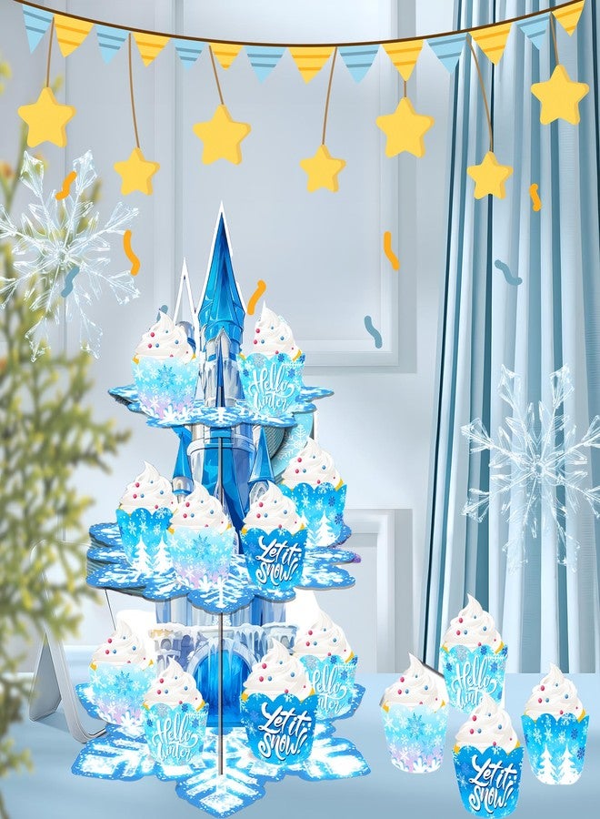 AGANS Snowflake Cake Stand & Topper Set | Birthday Party Decorations for Kids with Cardboard Cupcake Holders | Princess&Ice Theme Party Supplies (Frozen) - Image 4