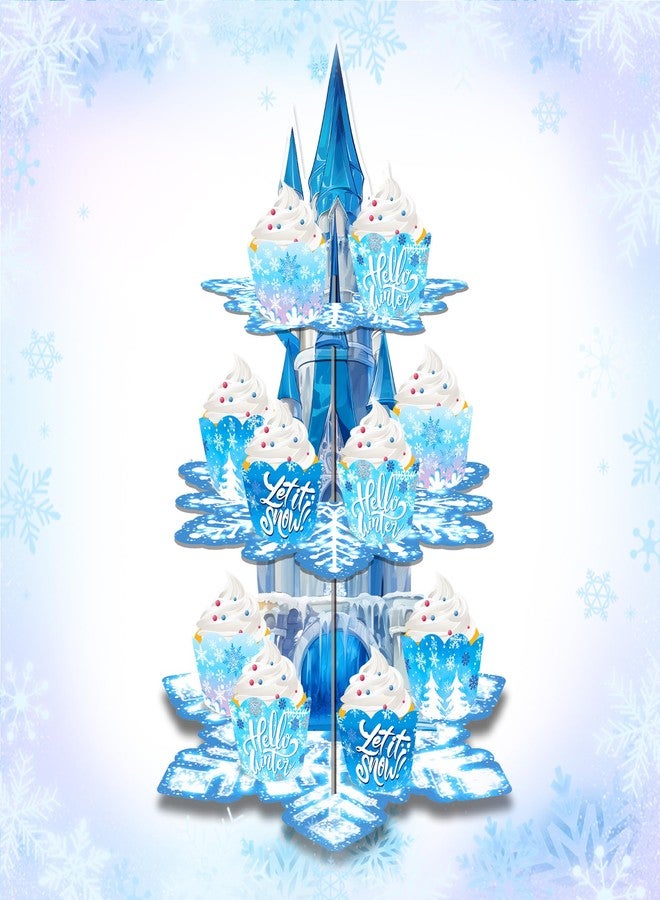 AGANS Snowflake Cake Stand & Topper Set | Birthday Party Decorations for Kids with Cardboard Cupcake Holders | Princess&Ice Theme Party Supplies (Frozen) - Image 5