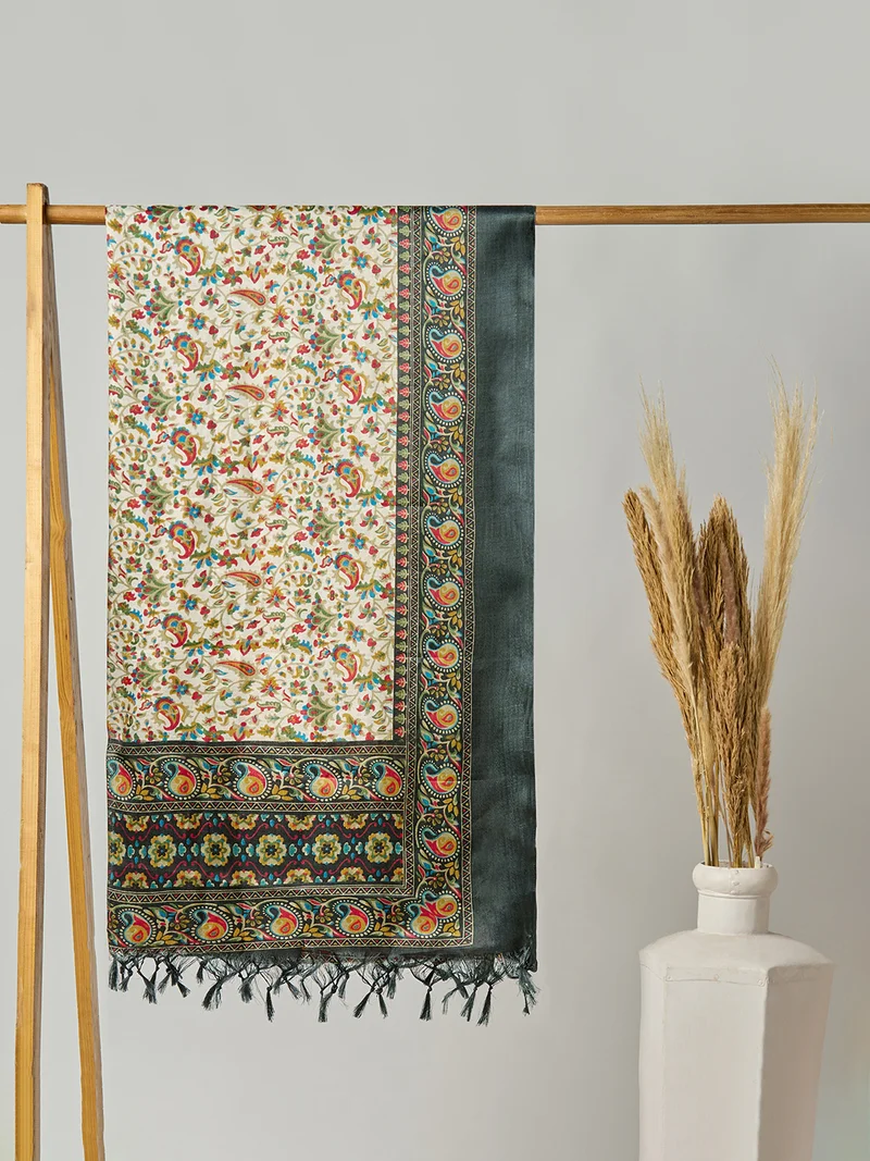 Globus Women Off White Floral Print Silk Tasselled Border Dupatta