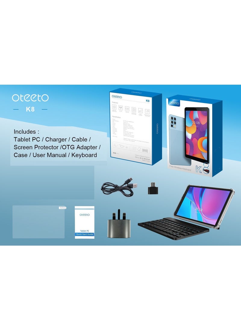 Oteeto - Oteeto K8 8.0 Inch Display Android Tablet With 8GB RAM 512GB ROM 5000 mAh Battery and Wireless Keyboard Blue - Image 1