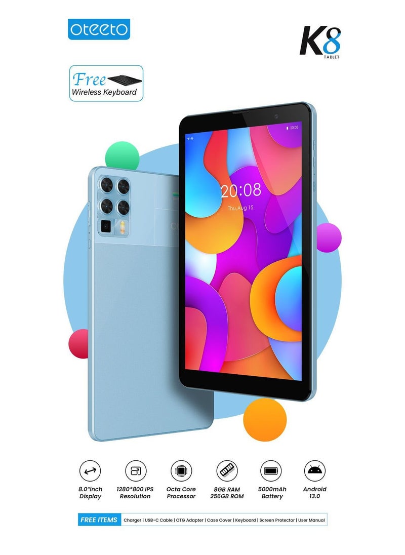 Oteeto - Oteeto K8 8.0 Inch Display Android Tablet With 8GB RAM 512GB ROM 5000 mAh Battery and Wireless Keyboard Blue - Image 1