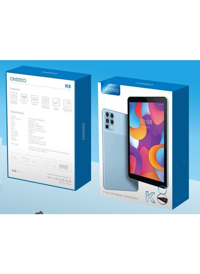 Oteeto - Oteeto K8 8.0 Inch Display Android Tablet With 8GB RAM 512GB ROM 5000 mAh Battery and Wireless Keyboard Blue - Image 1