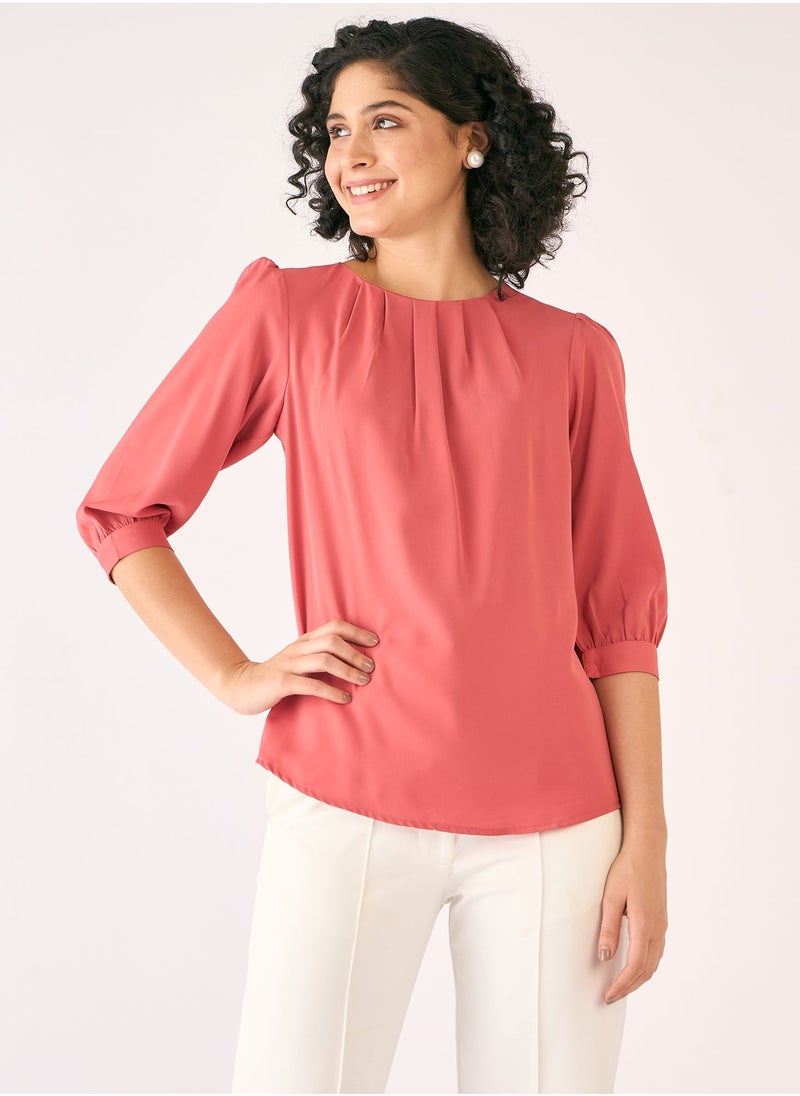 Salt Attire Women's Elegant Dark Peach Crepe Top with Flattering Round Neckline, Pleat Detailing, 3/4th Length Gathered Sleeves, and Convenient Back Neck Closure  Perfect for Stylish Day-to-Night Wear  - Image 1