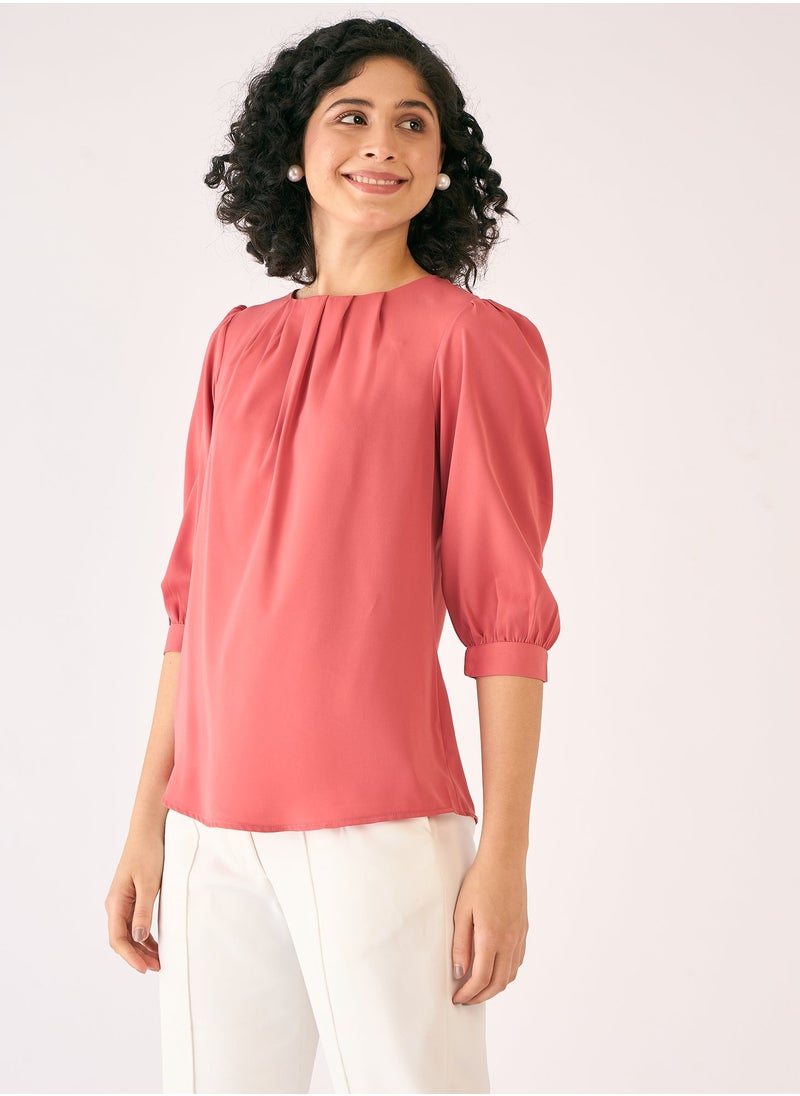 Salt Attire Women's Elegant Dark Peach Crepe Top with Flattering Round Neckline, Pleat Detailing, 3/4th Length Gathered Sleeves, and Convenient Back Neck Closure  Perfect for Stylish Day-to-Night Wear  - Image 2