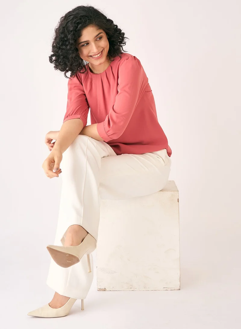 Salt Attire Women's Elegant Dark Peach Crepe Top with Flattering Round Neckline, Pleat Detailing, 3/4th Length Gathered Sleeves, and Convenient Back Neck Closure  Perfect for Stylish Day-to-Night Wear