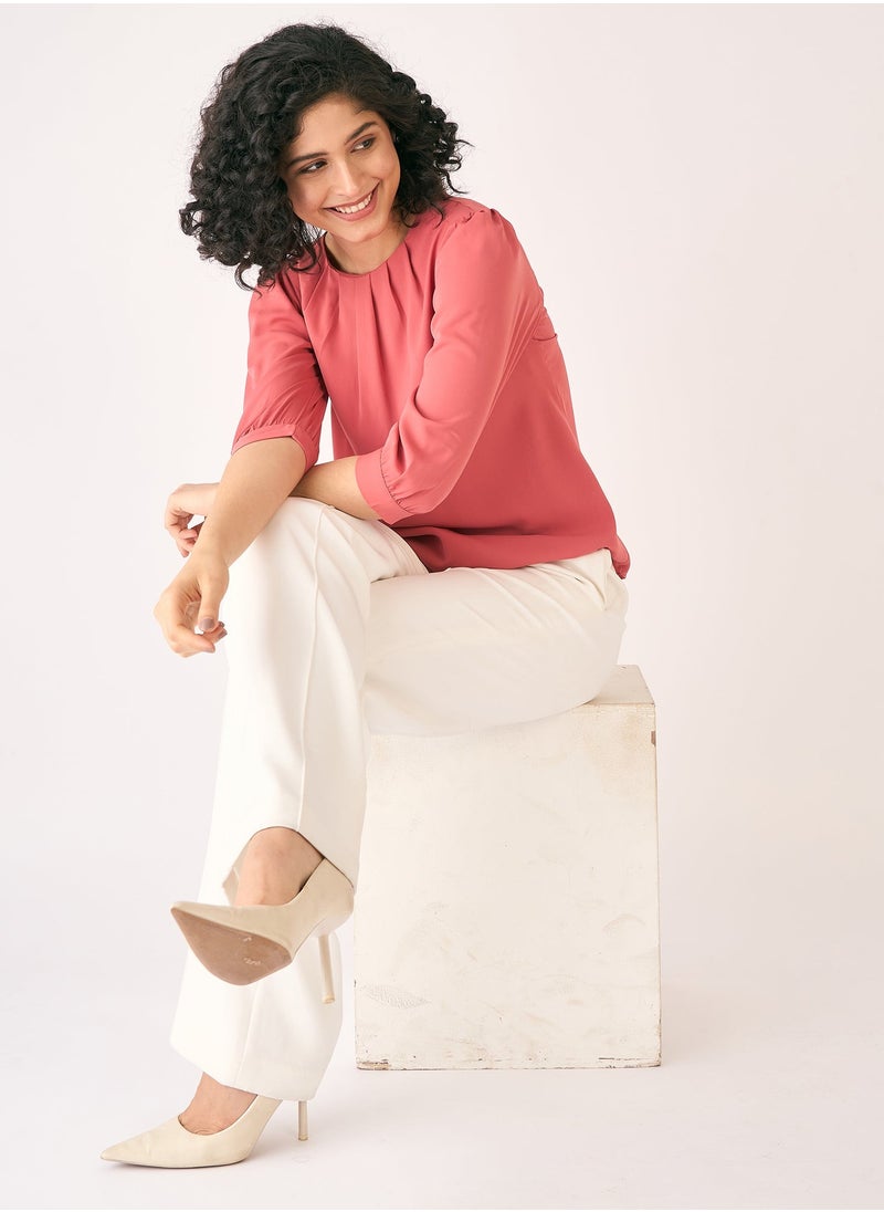 Salt Attire Women's Elegant Dark Peach Crepe Top with Flattering Round Neckline, Pleat Detailing, 3/4th Length Gathered Sleeves, and Convenient Back Neck Closure  Perfect for Stylish Day-to-Night Wear  - Image 4