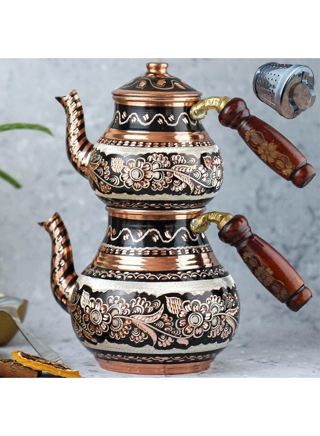 Handmade Copper Turkish Double Teapot Set – Ottoman Floral Design, Wooden Handles, Made in Turkey - Image 2