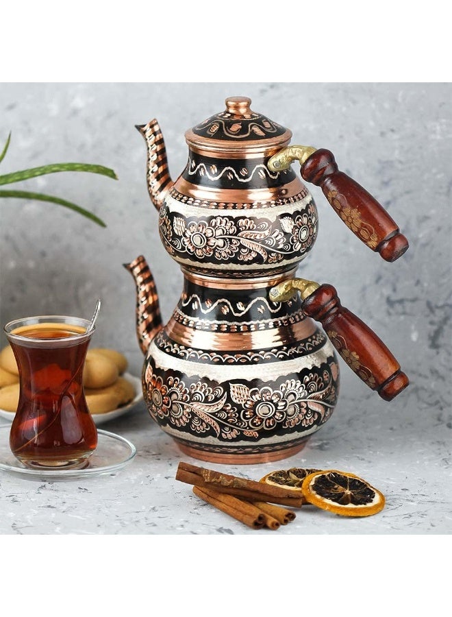 Handmade Copper Turkish Double Teapot Set – Ottoman Floral Design, Wooden Handles, Made in Turkey - Image 1
