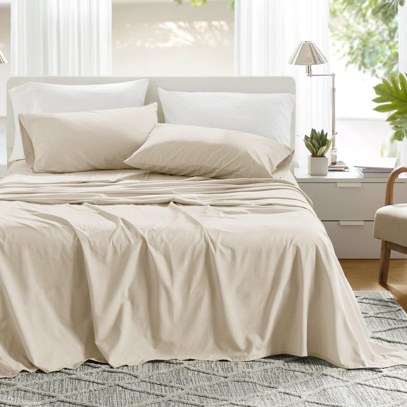 Comfort Spaces 100% Cotton Sheets Queen, Breathable & Ultra Soft Cotton Sheets, Naturally Cool Cotton Bed Sheets with 14" Elastic Pocket Fits up to 16" Mattress, All Seasons Sheet Set, Cream 4 Piece - Image 1