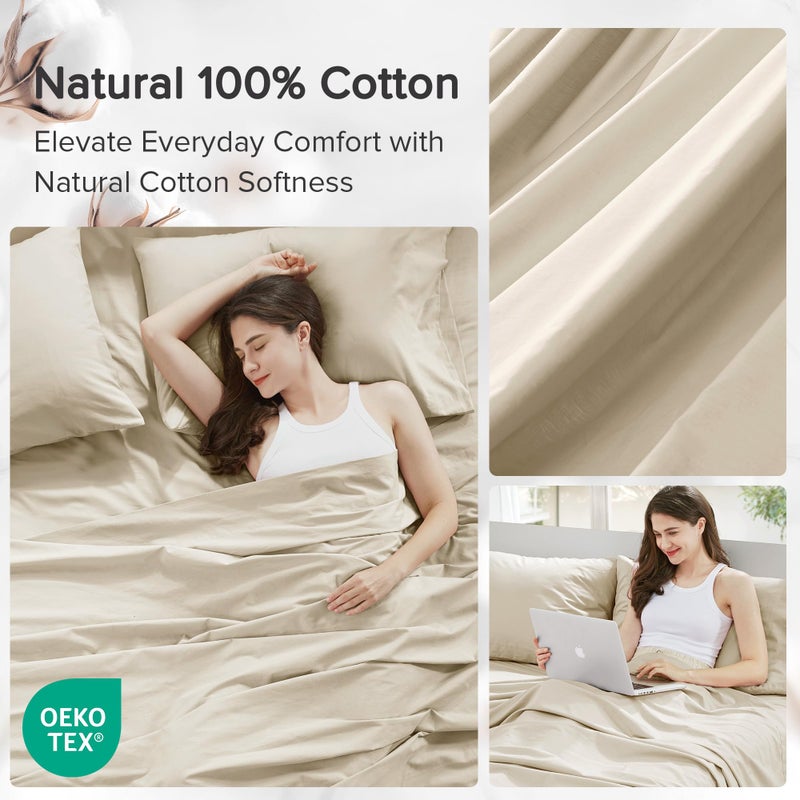 Comfort Spaces 100% Cotton Sheets Queen, Breathable & Ultra Soft Cotton Sheets, Naturally Cool Cotton Bed Sheets with 14" Elastic Pocket Fits up to 16" Mattress, All Seasons Sheet Set, Cream 4 Piece - Image 5