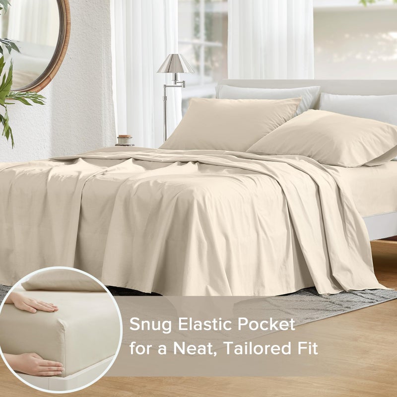 Comfort Spaces 100% Cotton Sheets Queen, Breathable & Ultra Soft Cotton Sheets, Naturally Cool Cotton Bed Sheets with 14" Elastic Pocket Fits up to 16" Mattress, All Seasons Sheet Set, Cream 4 Piece - Image 4