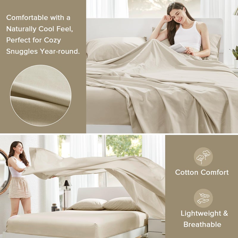 Comfort Spaces 100% Cotton Sheets Queen, Breathable & Ultra Soft Cotton Sheets, Naturally Cool Cotton Bed Sheets with 14" Elastic Pocket Fits up to 16" Mattress, All Seasons Sheet Set, Cream 4 Piece - Image 3
