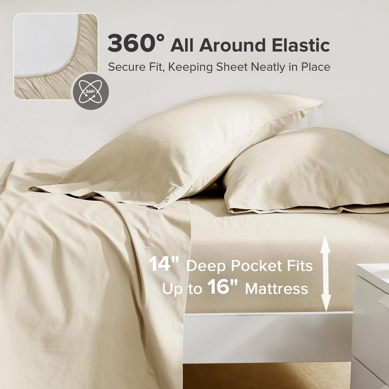 Comfort Spaces 100% Cotton Sheets Queen, Breathable & Ultra Soft Cotton Sheets, Naturally Cool Cotton Bed Sheets with 14" Elastic Pocket Fits up to 16" Mattress, All Seasons Sheet Set, Cream 4 Piece - Image 2