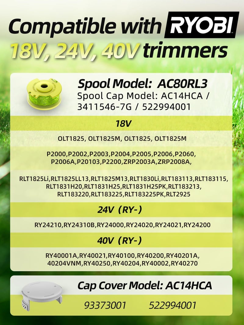 YWTESCH Trimmer String for Ryobi One Plus+ AC80RL3,11 FT/0.080-Inchï¼ŒSpool Replacement Compatible with Ryobi 18v, 24v, and 40v Cordless Trimmers (9 Pack Trimmer Line & 2 Pack Trimmer Cap) - Image 5