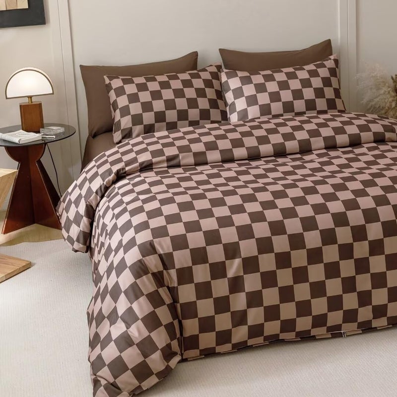 CLOTHKNOW Brown Plaid Comforter Set King 3Pcs Grid Bedding Comforter Sets Dark Brown Checker Comforter Soft Geometric Comforter with 2 Pillowcases - Image 3