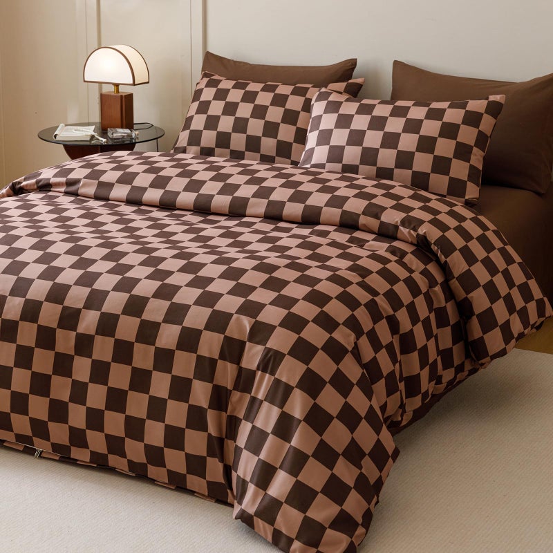 CLOTHKNOW Brown Plaid Comforter Set King 3Pcs Grid Bedding Comforter Sets Dark Brown Checker Comforter Soft Geometric Comforter with 2 Pillowcases - Image 2