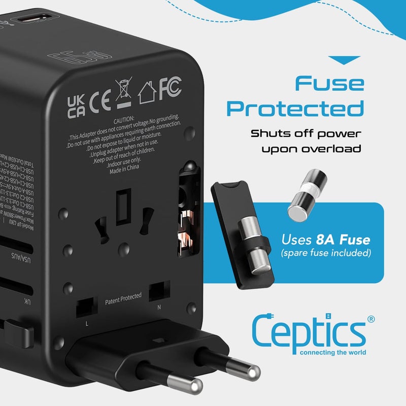 Ceptics Ceptics Universal Charger Adapter with Type C 65W LaptopMacBook Mobile Charging 4 in 1 International Travel Adapter 1 USB 2 USBC W31A Max 10 Years Warranty Worldwide Travel Adapter Black  - Image 5