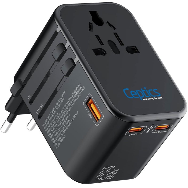 Ceptics Ceptics Universal Charger Adapter with Type C 65W LaptopMacBook Mobile Charging 4 in 1 International Travel Adapter 1 USB 2 USBC W31A Max 10 Years Warranty Worldwide Travel Adapter Black  - Image 1