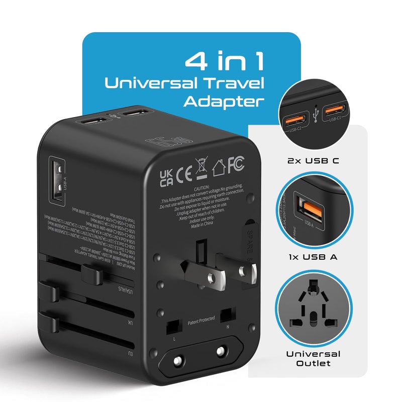 Ceptics Ceptics Universal Charger Adapter with Type C 65W LaptopMacBook Mobile Charging 4 in 1 International Travel Adapter 1 USB 2 USBC W31A Max 10 Years Warranty Worldwide Travel Adapter Black  - Image 2