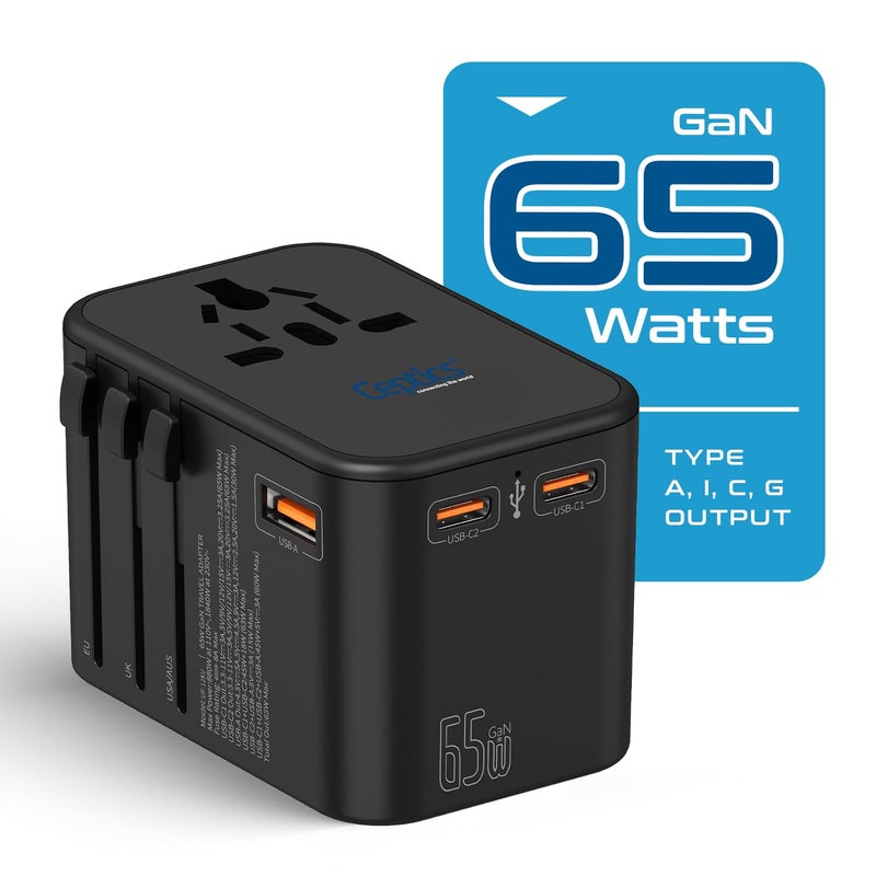 Ceptics Ceptics Universal Charger Adapter with Type C 65W LaptopMacBook Mobile Charging 4 in 1 International Travel Adapter 1 USB 2 USBC W31A Max 10 Years Warranty Worldwide Travel Adapter Black  - Image 3