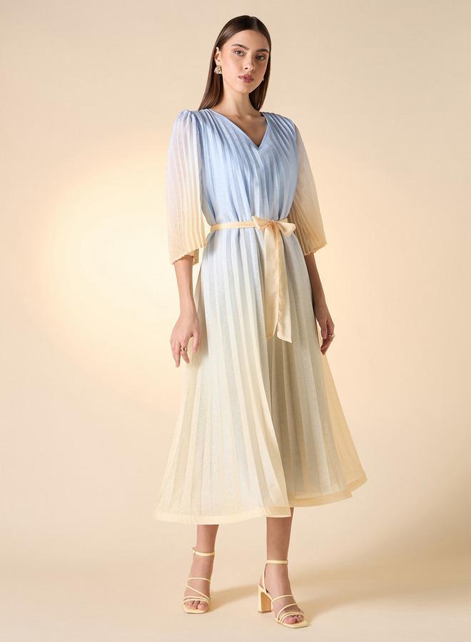 Iconic Pleated V-neck Dress with Tie-Up Belt and Flared Sleeves - Image 2
