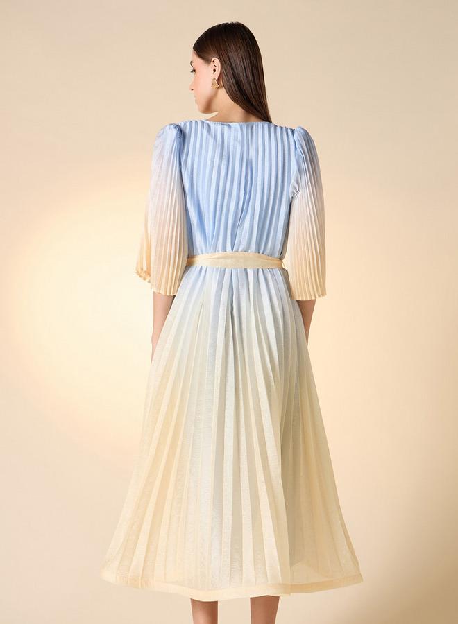 Iconic Pleated V-neck Dress with Tie-Up Belt and Flared Sleeves - Image 3