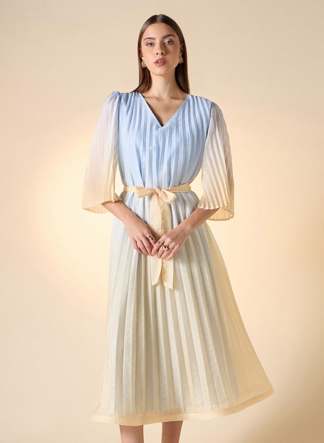 Iconic Pleated V-neck Dress with Tie-Up Belt and Flared Sleeves - Image 1