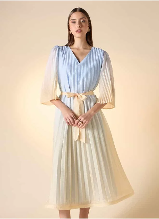 Iconic Iconic Pleated V-neck Dress with Tie-Up Belt and Flared Sleeves