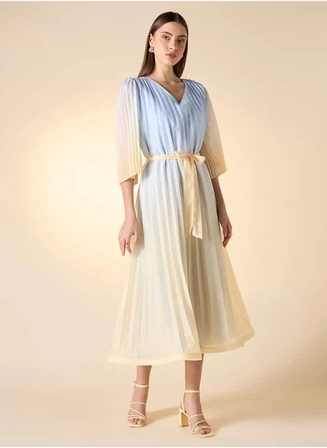 Iconic Iconic Pleated V-neck Dress with Tie-Up Belt and Flared Sleeves