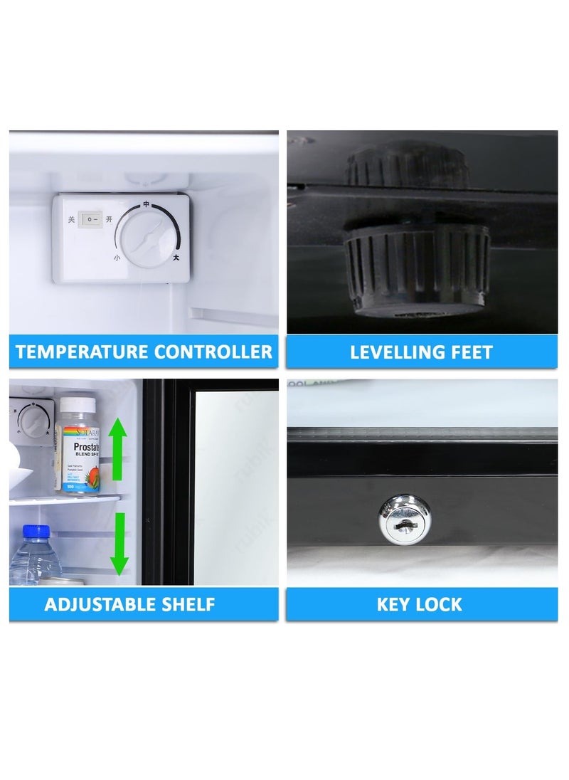 Rubik - Mini Fridge with Key Lock, Glass Door AC 220V Beverage Refrigerator Cooler for Food Drinks Skincare Great for Home Office Hotel (30 Liters Capacity) - Image 1