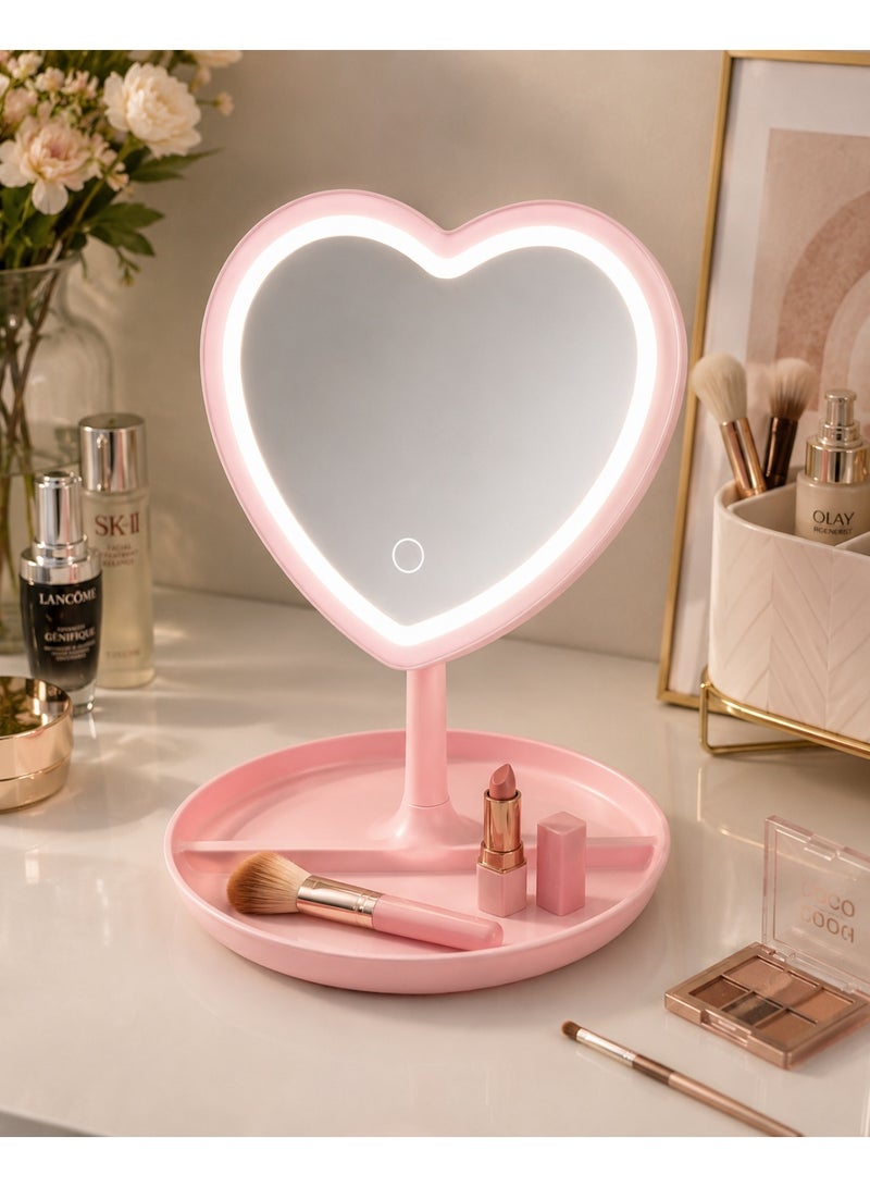 Pink Heart-Shaped Rechargeable Led Vanity Makeup Mirror With 3 Light Modes, Touch Control, 90° Rotation & Storage Base - Image 1