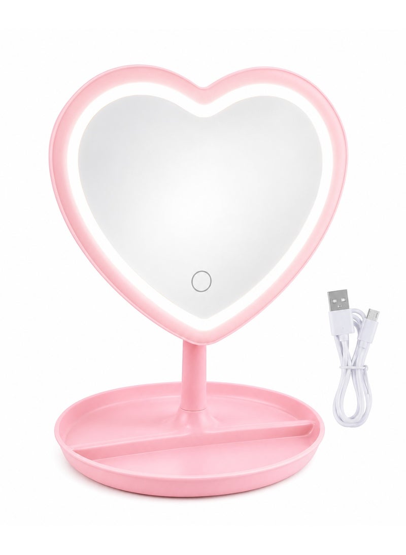 Pink Heart-Shaped Rechargeable Led Vanity Makeup Mirror With 3 Light Modes, Touch Control, 90° Rotation & Storage Base - Image 3