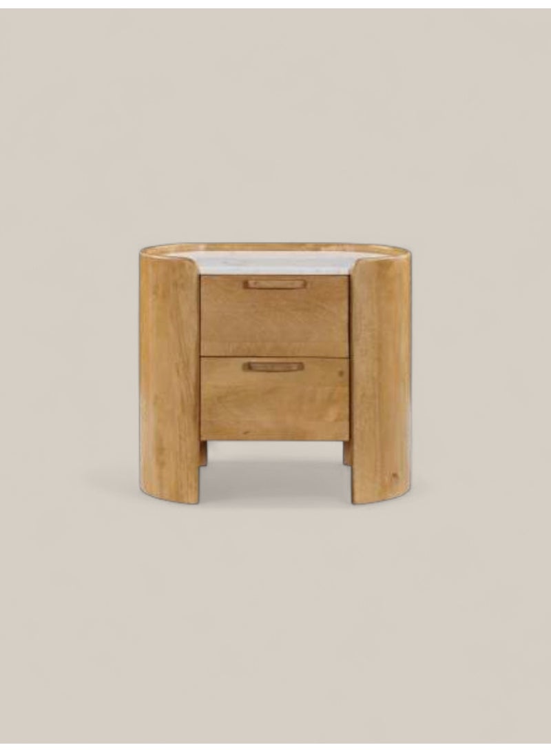 جود وود طاولة سرير عصرية من خشب المانجو بقاعدة منحنية وسطح رخامي – كومودينو بدرجين