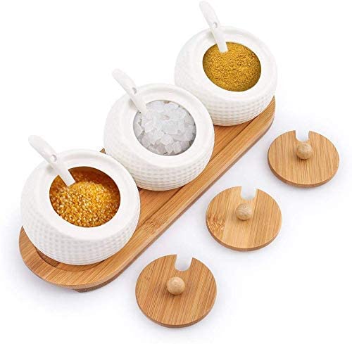 Kolorful Ceramic Condiment PotsSet of 3 Condiment Jar Spice Container with Bamboo Lids and Spoon Seasoning Pots for KitchenCoffee BarCondiment Spice Jar For Kitchen White170 ML - Image 4