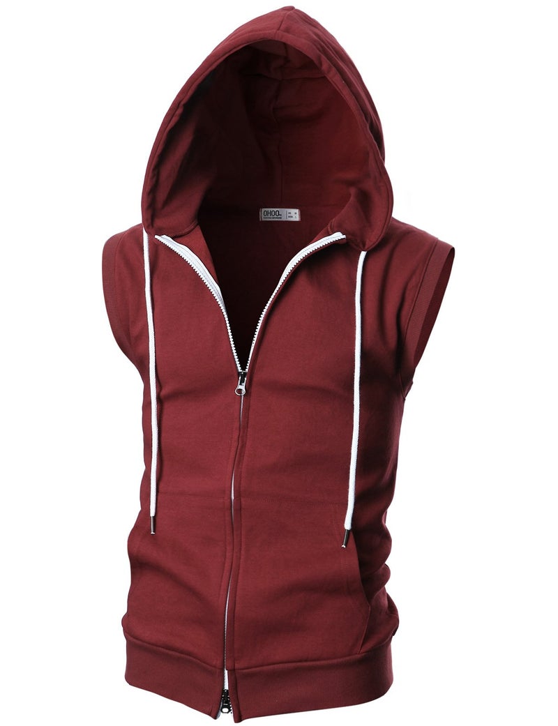 Ohoo Mens Slim Fit Sleeveless Lightweight Zip-up Hooded Vest 2 Way Zipper Hoodie Sweatshirt / DCF011-BURGUNDY-XXXL - Image 1