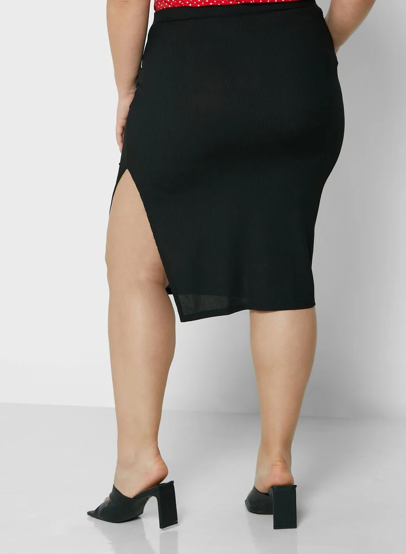 I Saw It First Curve Black Plus Size Ribbed Midi Skirt