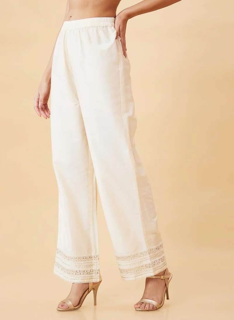 globus Globus Women Lace Hem Design Elasticated Waist Straight Palazzos