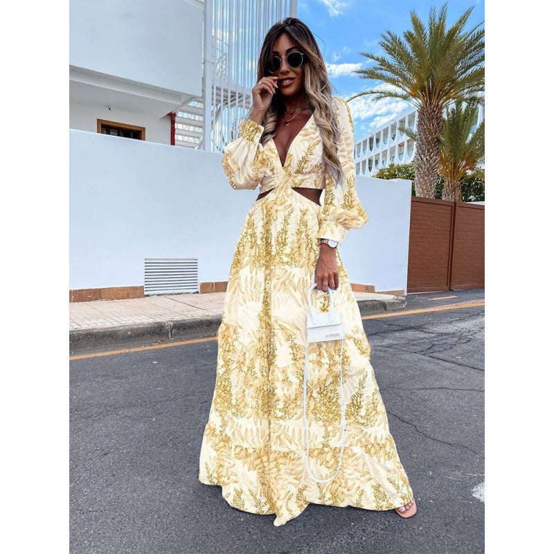 Zz2024 Fashion Women'S Spring New Long Printed V Neck Long-Sleeved Elegant Dress - Image 3