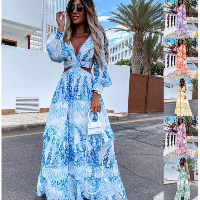 Zz2024 Fashion Women'S Spring New Long Printed V Neck Long-Sleeved Elegant Dress - Image 2