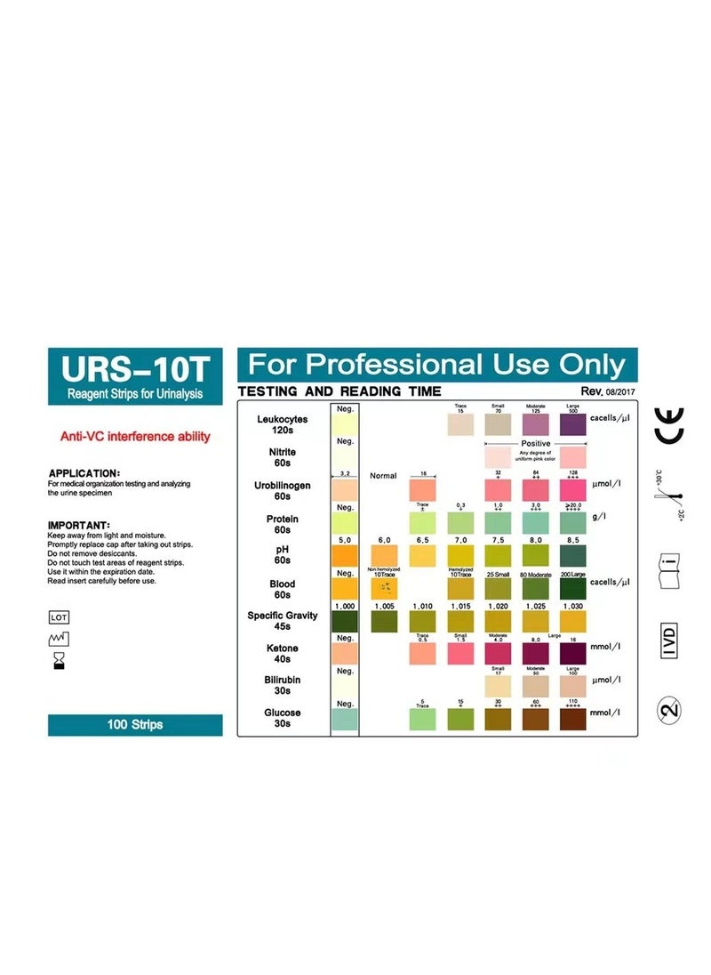 URs - URS-10T Reagent for Urinalysis 100 Pieces Contain Leukocytes Nitrite Urobilinogen Protein pH Blood Specific Gravity Ketone Bilirubin Glucose Test Analysis Urine Test Strips - Image 1