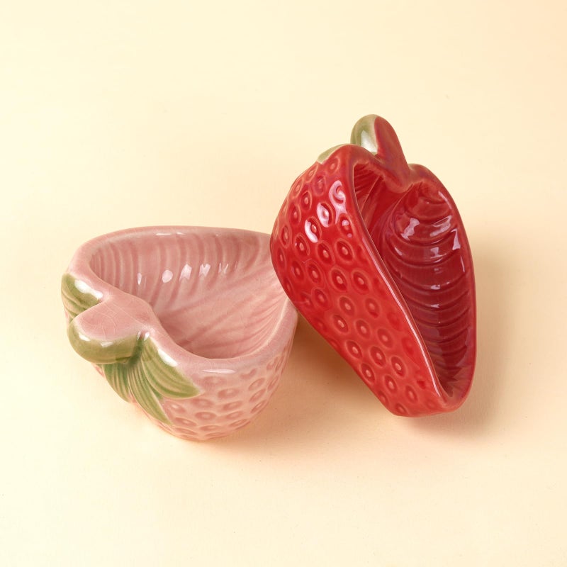 Deapeey Hamtser Food Bowl,2 Packs Strawberry Hamster Bowls,Ceramic Feeding Bowl,Food Dish for Small Animals Gerbil Dwarf Hamster Rat Mice Guinea Pig(Pink+Red) - Image 1