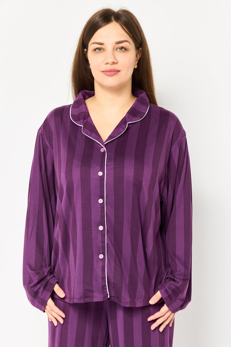 PJ Couture Women 2 Pieces Strip Top And Bottom Pajama Set, Plum - Image 2