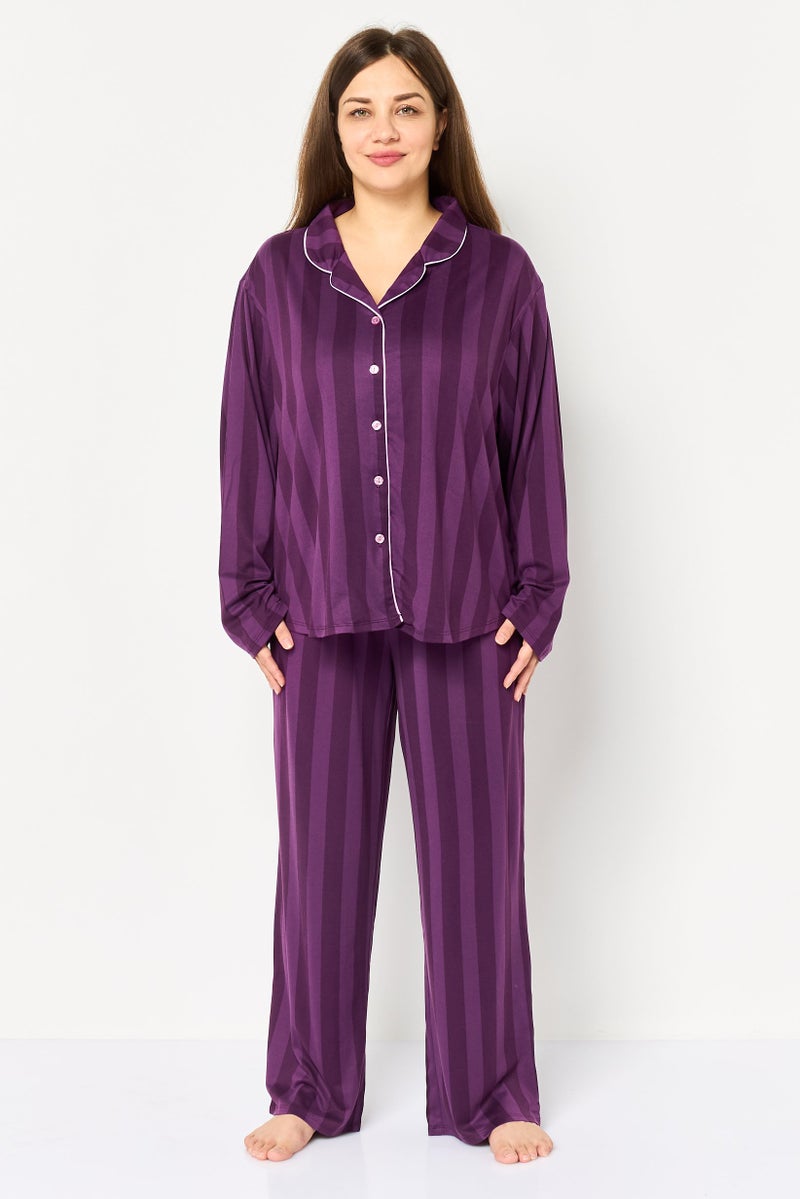 PJ Couture Women 2 Pieces Strip Top And Bottom Pajama Set, Plum - Image 1