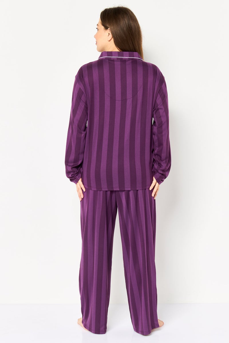 PJ Couture Women 2 Pieces Strip Top And Bottom Pajama Set, Plum - Image 4