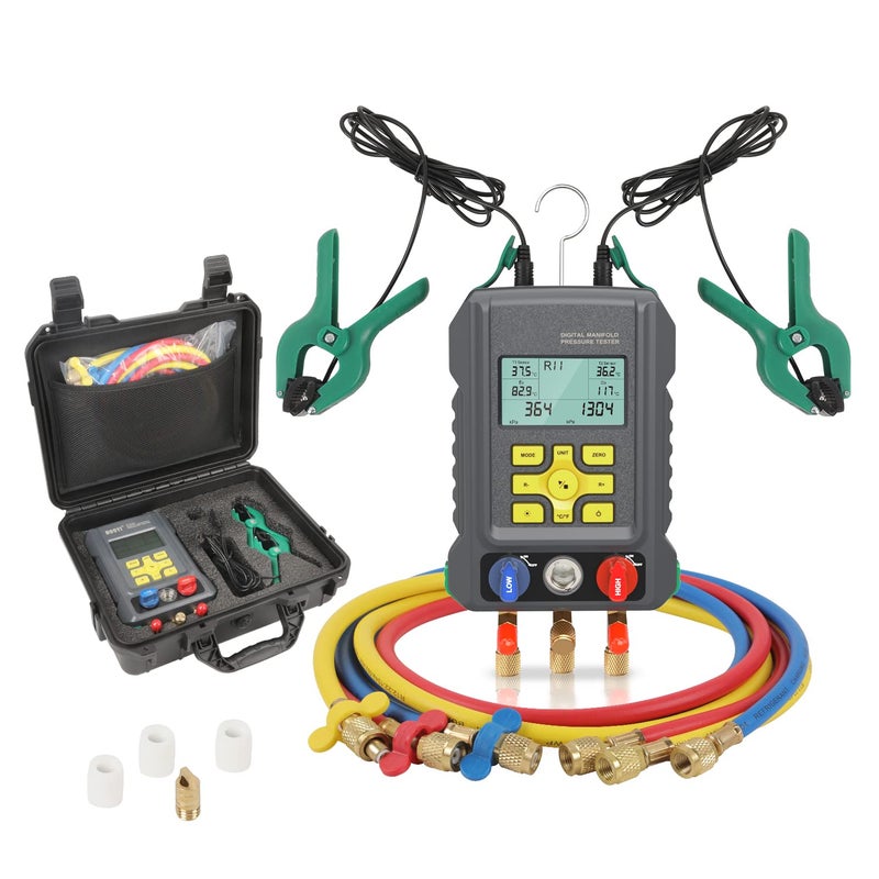 مجموعة عدادات مانيفولد الرقمية لتكييف الهواء لغازات التبريد 92 عدادات HVAC الرقمية لقياس الضغط ودرجة الحرارة R134A R410A R404A R22 مع خراطيم وصمام كروي مطور لتكييف الهواء والتبريد