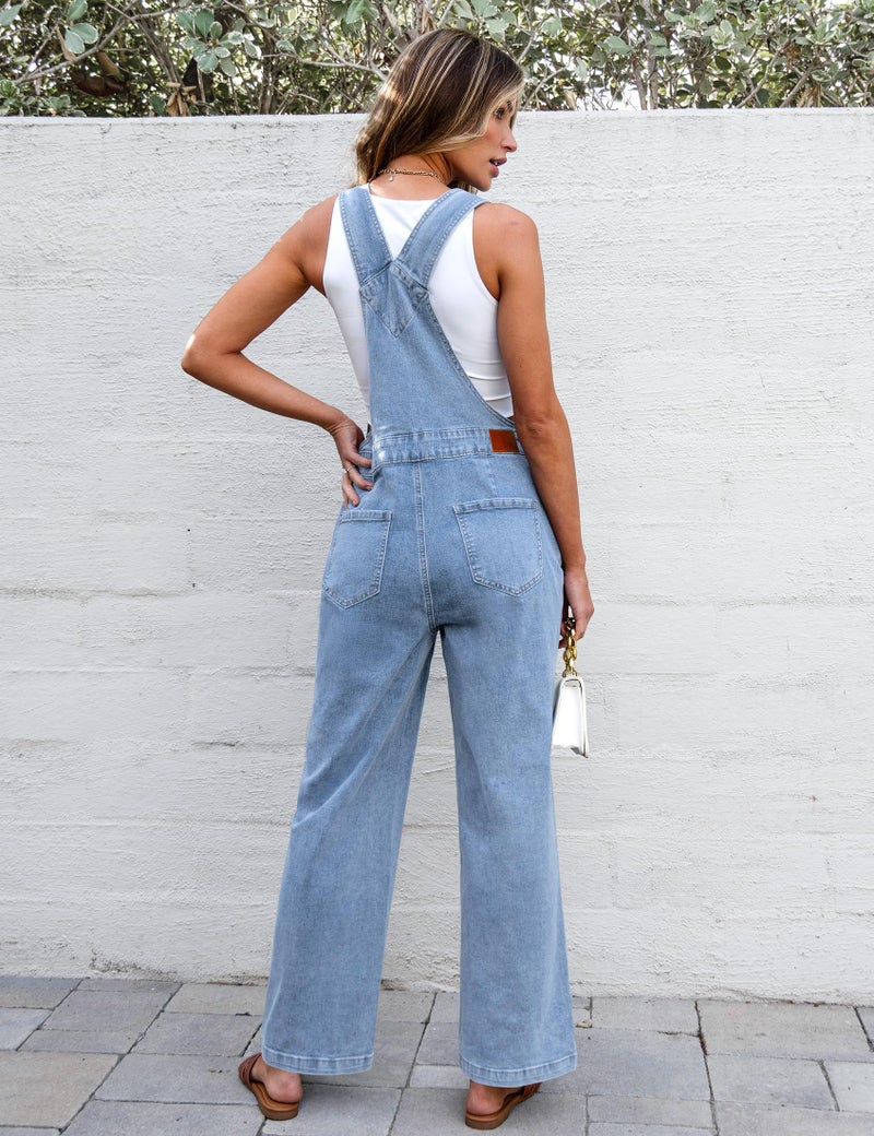 luvamia Jeans Overalls for Women Straight Wide Leg Baggy Comfy Overalls for Women Stretchy Denim Bib Adjustable Strap Casual Jumpsuit Loose Fit Cool Blue Size Medium US Size 8-10 - Image 3