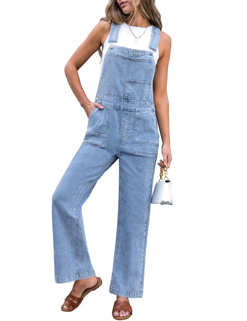 luvamia Jeans Overalls for Women Straight Wide Leg Baggy Comfy Overalls for Women Stretchy Denim Bib Adjustable Strap Casual Jumpsuit Loose Fit Cool Blue Size Medium US Size 8-10 - Image 1