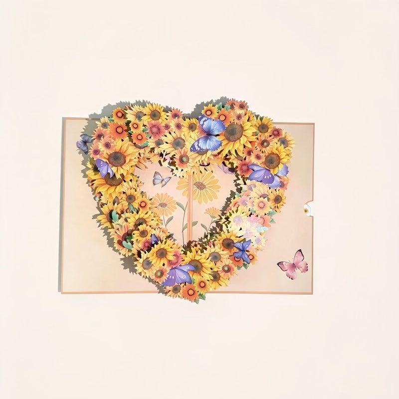 A Sunflower Heart Shaped 3D Pop Up Greeting Card With One Envelope One Small Card One Card Mat Birthday Butterfly Design For Girlfriend Couple Anniversary Friends Family - Image 1
