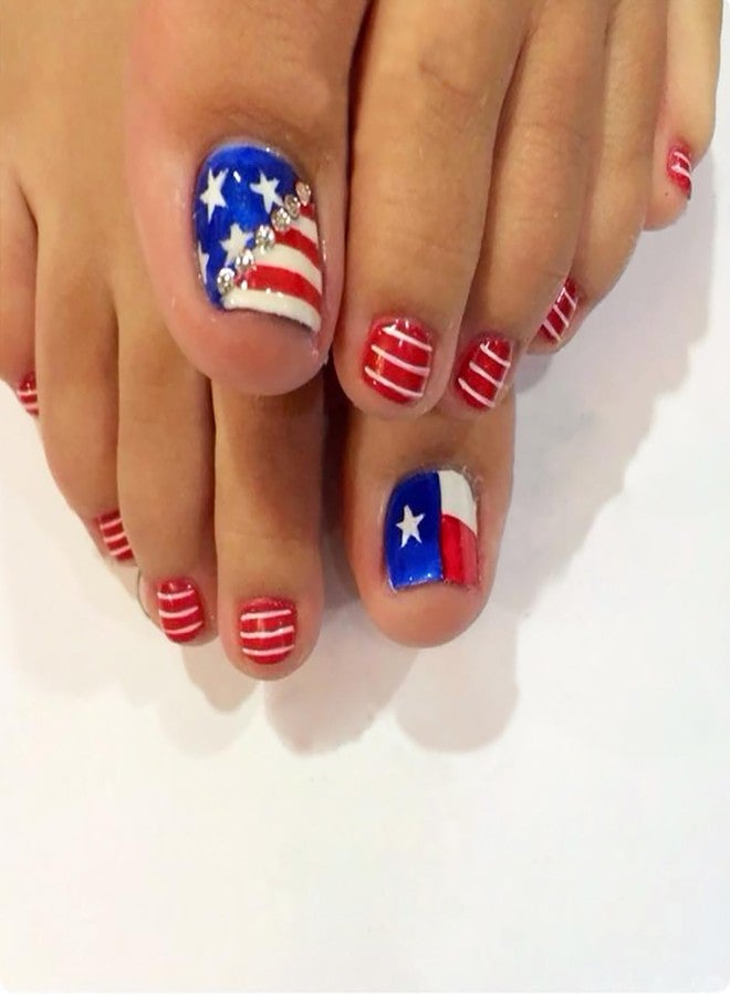 FDSQHSA 24pcs 4th of July Press on Toenails Short Square American Flag Fake Toe Nails with Rhinestones Design Independence Day Star False Toenails Fourth of July Full Cover Stick on Nails for Women Holiday - Image 1
