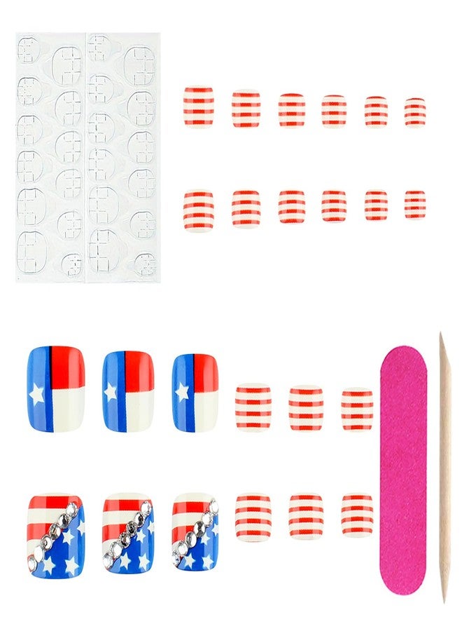 FDSQHSA 24pcs 4th of July Press on Toenails Short Square American Flag Fake Toe Nails with Rhinestones Design Independence Day Star False Toenails Fourth of July Full Cover Stick on Nails for Women Holiday - Image 4